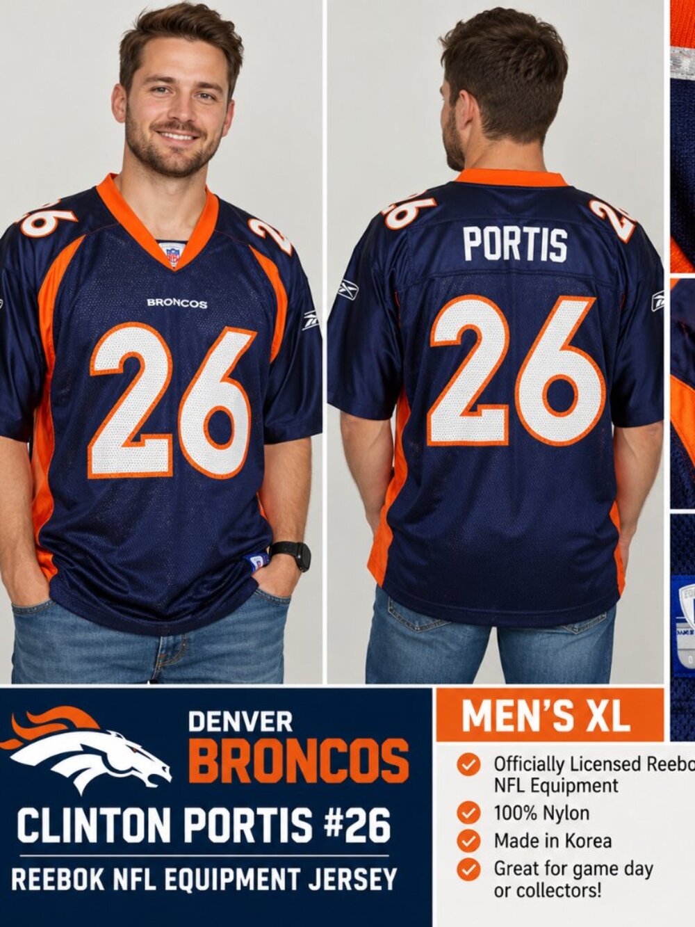 Vintage Denver Broncos Clinton Portis #26 Reebok NFL Jersey โ Menโs XL โ $49